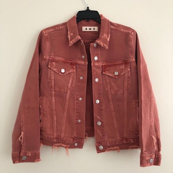 NWT AMO denim jean jacket Size M distressed rust coral Country Nashville Rodeo - Picture 6 of 16